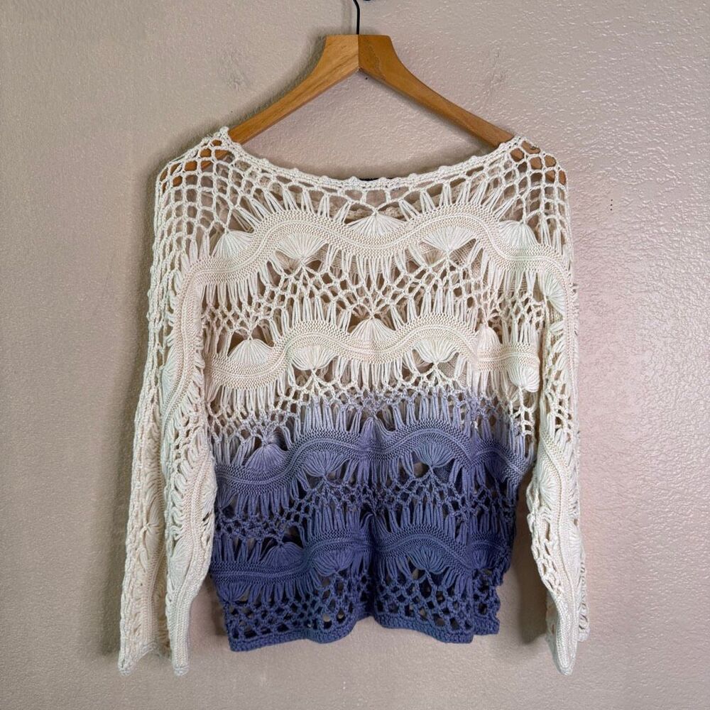 Jason Maxwell Crochet Top Large Beachy Boho Ombre Ivory Blue Vacation Coverup - Picture 7 of 10